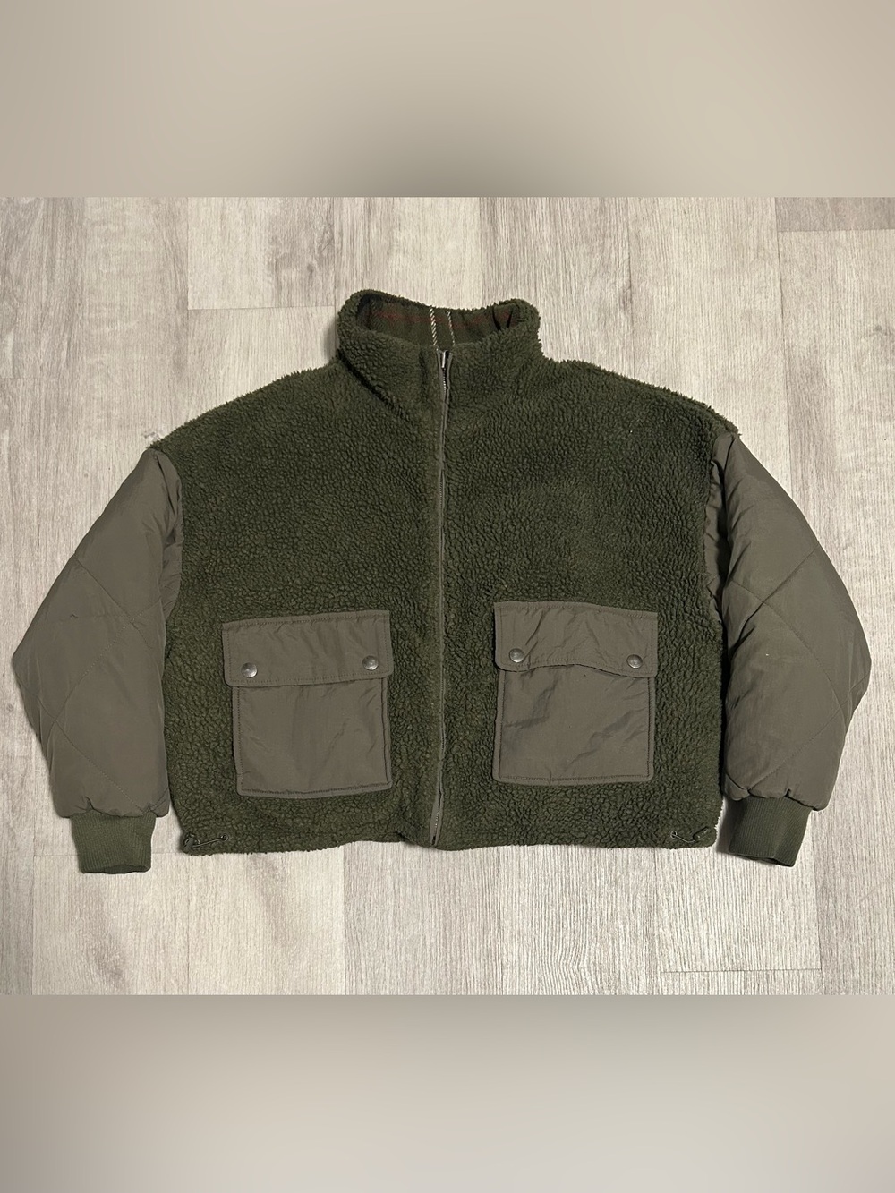Women’s Olive Green Reversible Sherpa and Plaid Bomber Jacket